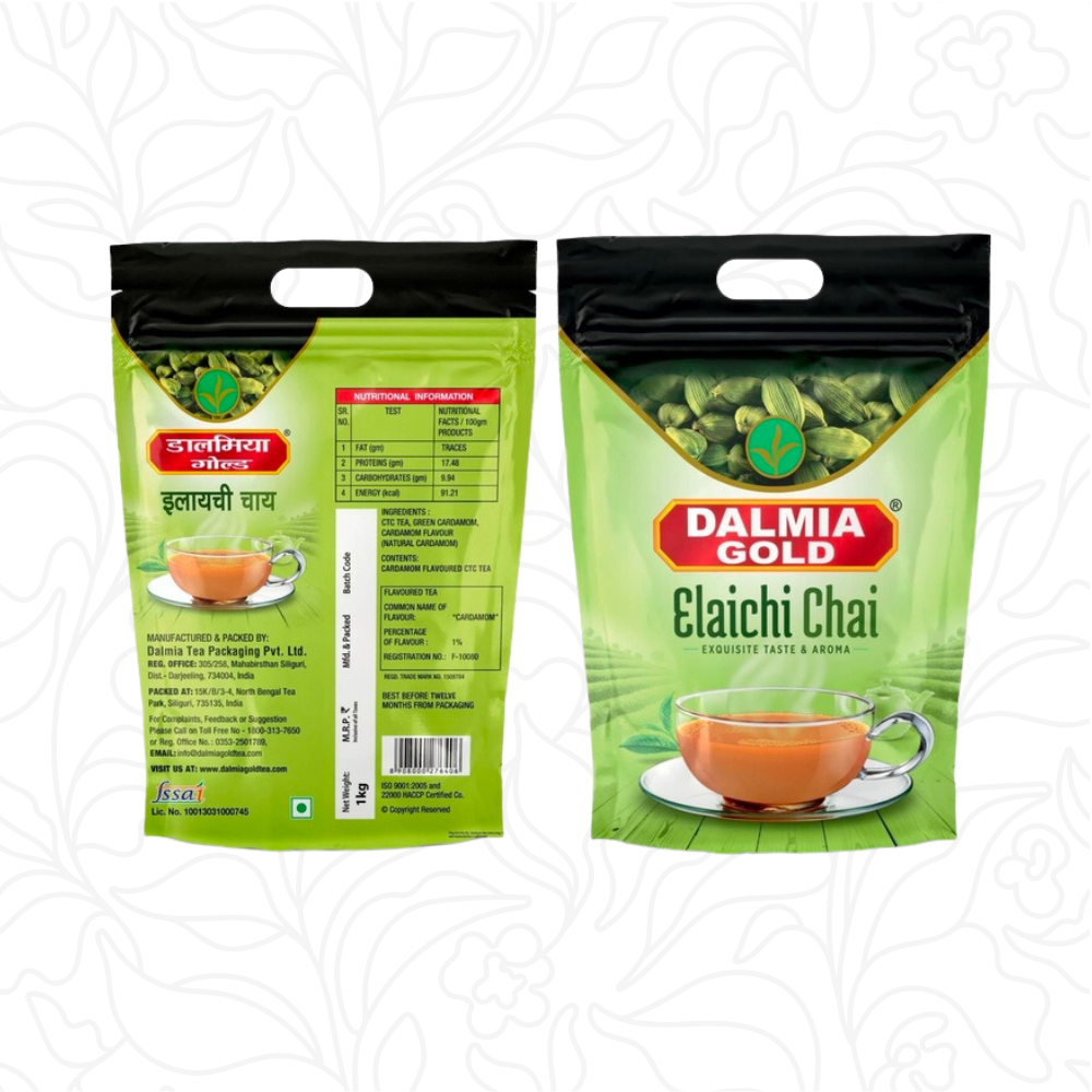 Dalmia Gold Elaichi Chai 1kg - (Standup Zipper Pouch) | 100% Natural Cardamom Flavored CTC Tea | Fresh and Natural Cardamom Chai